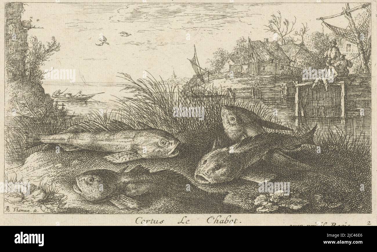 On the bank of a river lie four fish. In the background some houses and three fishermen on the waterfront., Four chubs on a riverbank Cortus Le Chabot. (title on object) Fishes and other sea creatures - freshwater second series (series title) Seconde partie de Poissons d'eau douce (series title), print maker: Albert Flamen, (mentioned on object), Albert Flamen, publisher: Jacques van Merlen, print maker: Paris, Paris, publisher: Paris, France, 1664, paper, etching, h 107 mm × w 172 mm Stock Photo