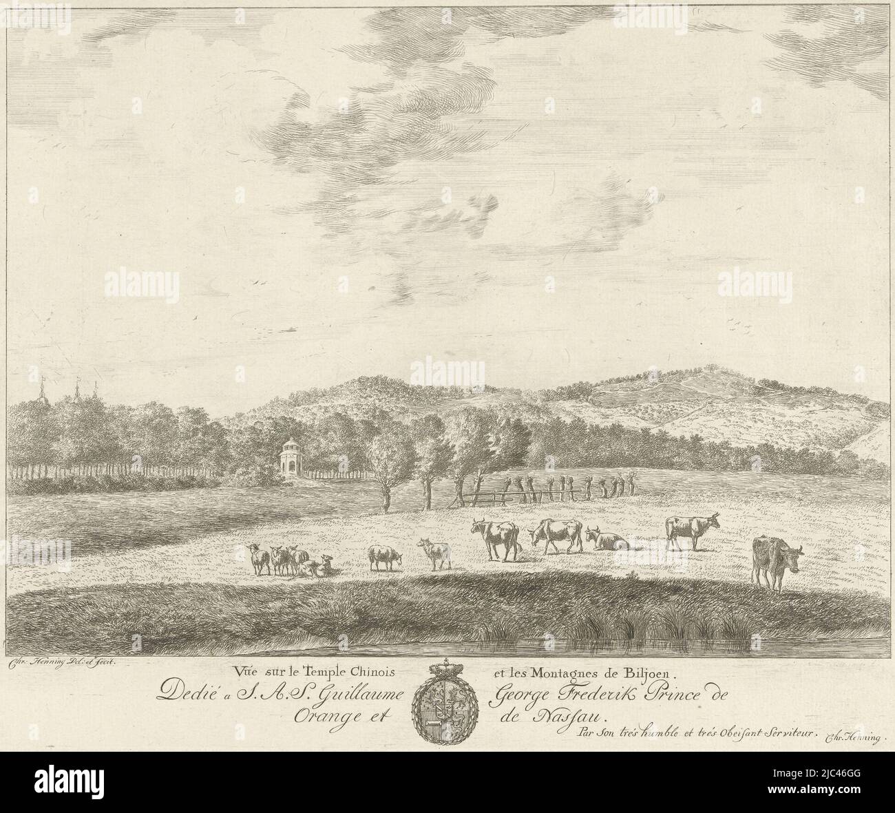 View of a meadow with cows and sheep in the foreground near a waterfront. To the left of the center of the landscape a garden house. Below the title, the coat of arms of Orange-Nassau and three lines in French, View of landscape Biljoen Ve sur le Temple Chinois et les Montagnes de Biljoen (title on object), print maker: Christian Henning, (mentioned on object), Christian Henning, (mentioned on object), Willem George Frederik (prins van Oranje-Nassau), (mentioned on object), Northern Netherlands, 15-Feb-1774 - 6-Jan-1799, paper, etching, h 299 mm × w 372 mm Stock Photo