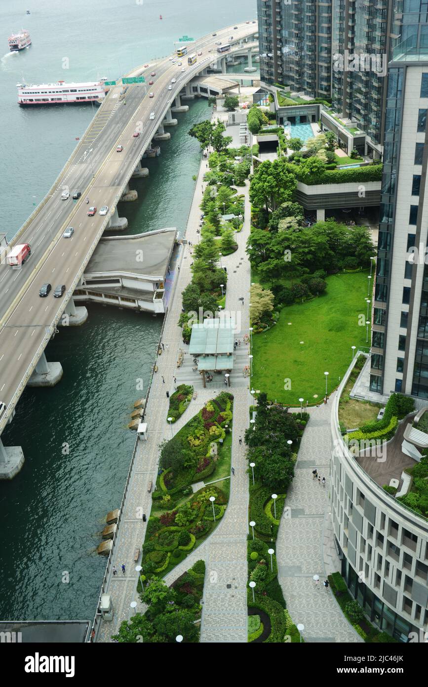 Looking down at the North Point promenade and the modern buildings along it. Hong Kong. Stock Photo