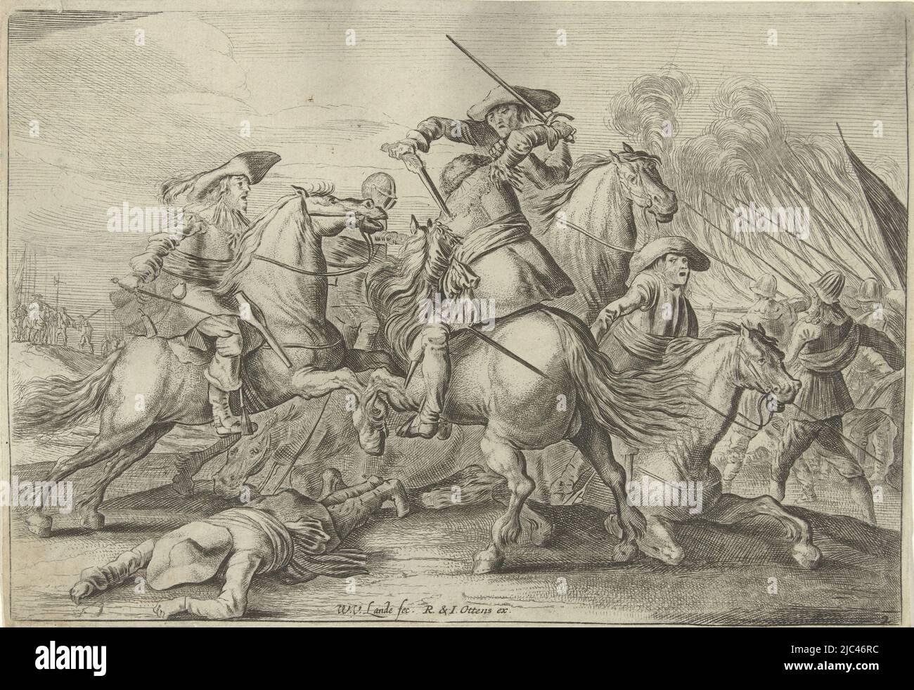 Five horsemen in combat with swords and pistols. In the center, a figure is shot in the back; on the left, a slain rider lies on the ground. The print is part of a six-part series of prints depicting equestrian combat. Print numbered right of center: 2., Five horsemen in battle Horsemen's fights (series title), print maker: Willem van de Lande, (mentioned on object), publisher: Reinier Ottens (I) & Josua, (mentioned on object), Amsterdam, 1635 - 1650 and/or 1725 - 1751, h 140 mm × w 204 mm Stock Photo