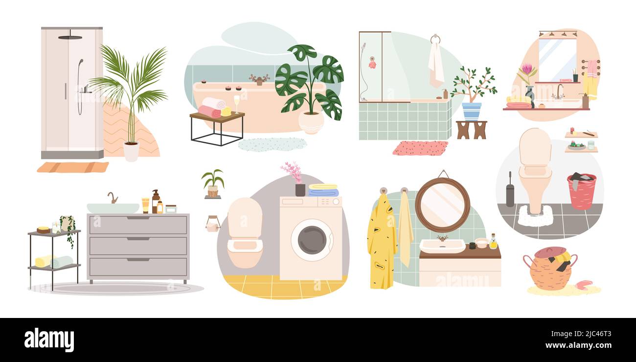 Set of various modern and cozy bathrooms Stock Vector