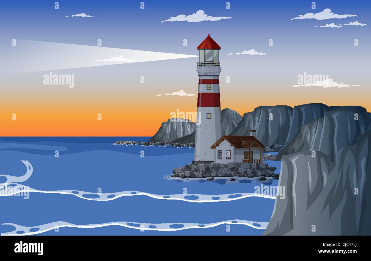 Lighthouse on the coast at dawn illustration Stock Vector Image & Art ...