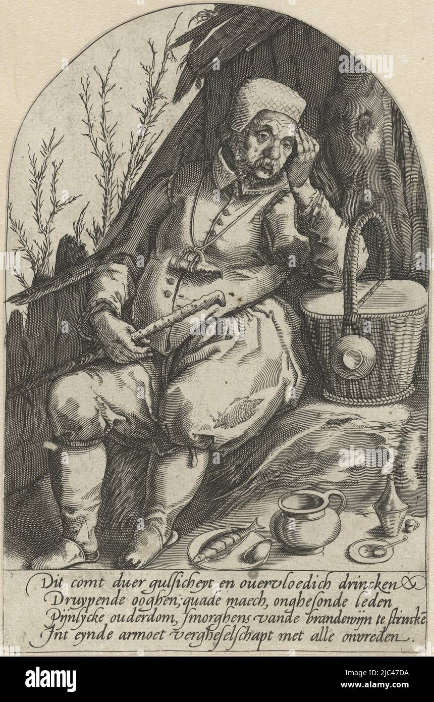 An old man sits by a shabby cottage, a broken jug on a string around his neck, a walking stick in hand, his arm resting on a basket, a simple meal on the floor by his feet. Below the scene four lines of Dutch text, warning of the consequences of 'gulsicheyt and abundance of drink', including 'druypende ooghen, quade maech, onghesonde leden'. Pendant of a print of a young drinker, The Consequences of Alcoholism, Hendrick Goltzius, print maker: anonymous, Netherlands, (possibly), 1590 - 1610, paper, engraving, h 190 mm × w 125 mm Stock Photo