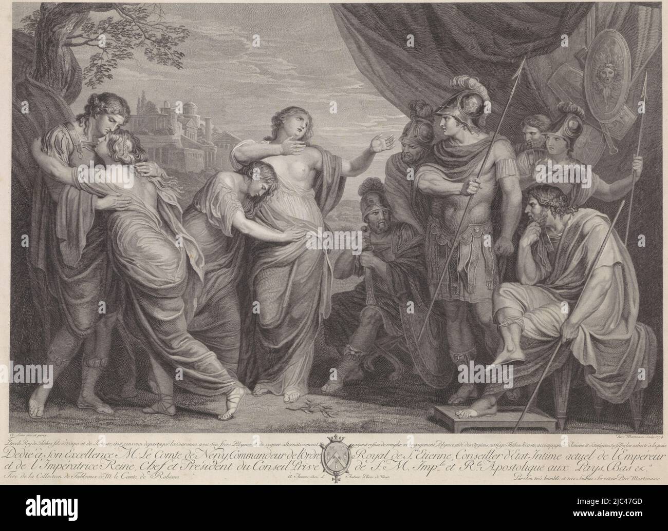 Jocaste, arms spread, accompanied by her daughters Antigone and Ismene, begs Eteocles and Polynices for peace. On the right Polynices wearing a helmet and holding a spear in his right hand. Left Eteocles., Eteocles and Polynices, exhorted to peace by their mother Jocaste., print maker: Pieter Franciscus Martenasie, (mentioned on object), after: Andries Lens, (mentioned on object), publisher: Pieter Franciscus Martenasie, (mentioned on object), Antwerp, 1774, paper, etching, engraving, h 428 mm × w 590 mm Stock Photo