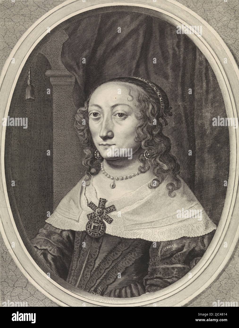 Portrait of Catherina Charlotta, palatine countess of Palatinate-Neuburg, wife of Wolfgang William of Palatinate-Neuburg. Around her neck a pearl necklace with a pendant and on her chest a jeweled pin., Portrait of Catherina Charlotta, palatine countess of Palatinate-Neuburg, print maker: Theodor Matham, after: Johannes Spilberg (II), c. 1635 - 1653, paper, engraving, h 414 mm × w 292 mm Stock Photo
