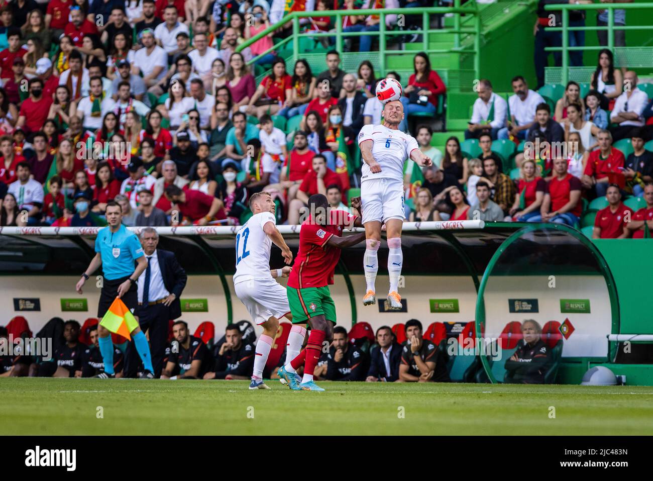Lisbon, Portugal. 09th June, 2022. Vladimir Coufal (R) Tomas Soucek (L) of Czech Republic and William Carvalho of Portugal (C) seen in action during the UEFA Nations League, League A group 2 match between Portugal and Czech Republic at the Jose Alvalade stadium. (Final score; Portugal 2:0 Czech Republic) Credit: SOPA Images Limited/Alamy Live News Stock Photo