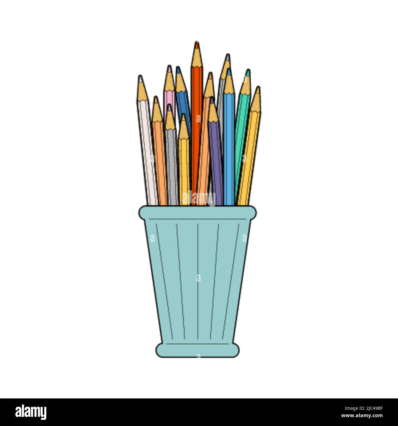 Pencil holder and pencils isolated. Jar with colored pencils Stock