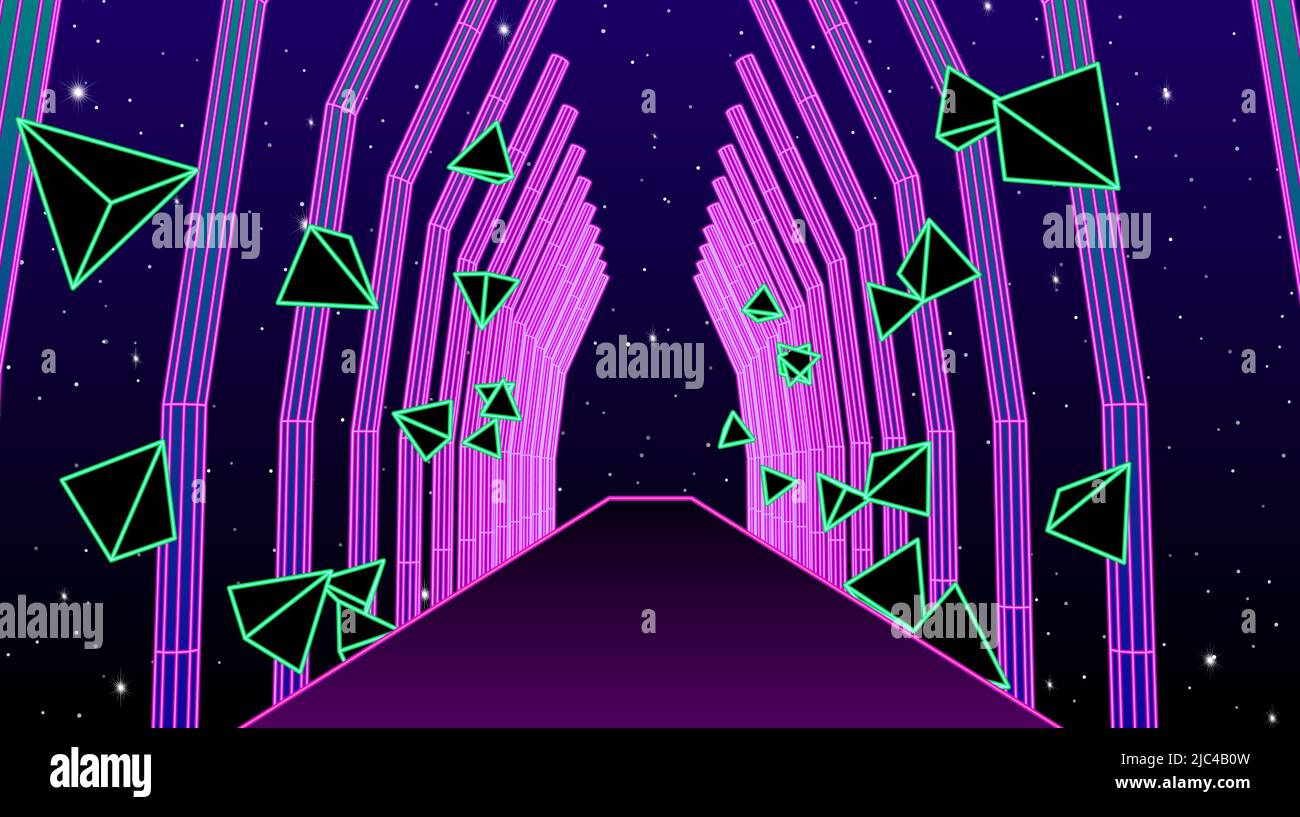Neon corridor with wireframe shapes in 80s synthwave style