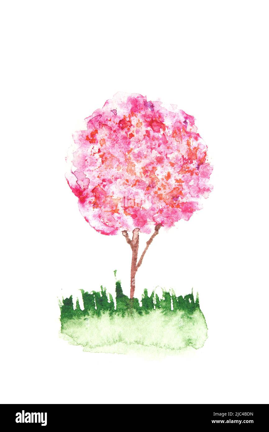 Blossoming watercolor pink tree. Spring flower in bloom on branch