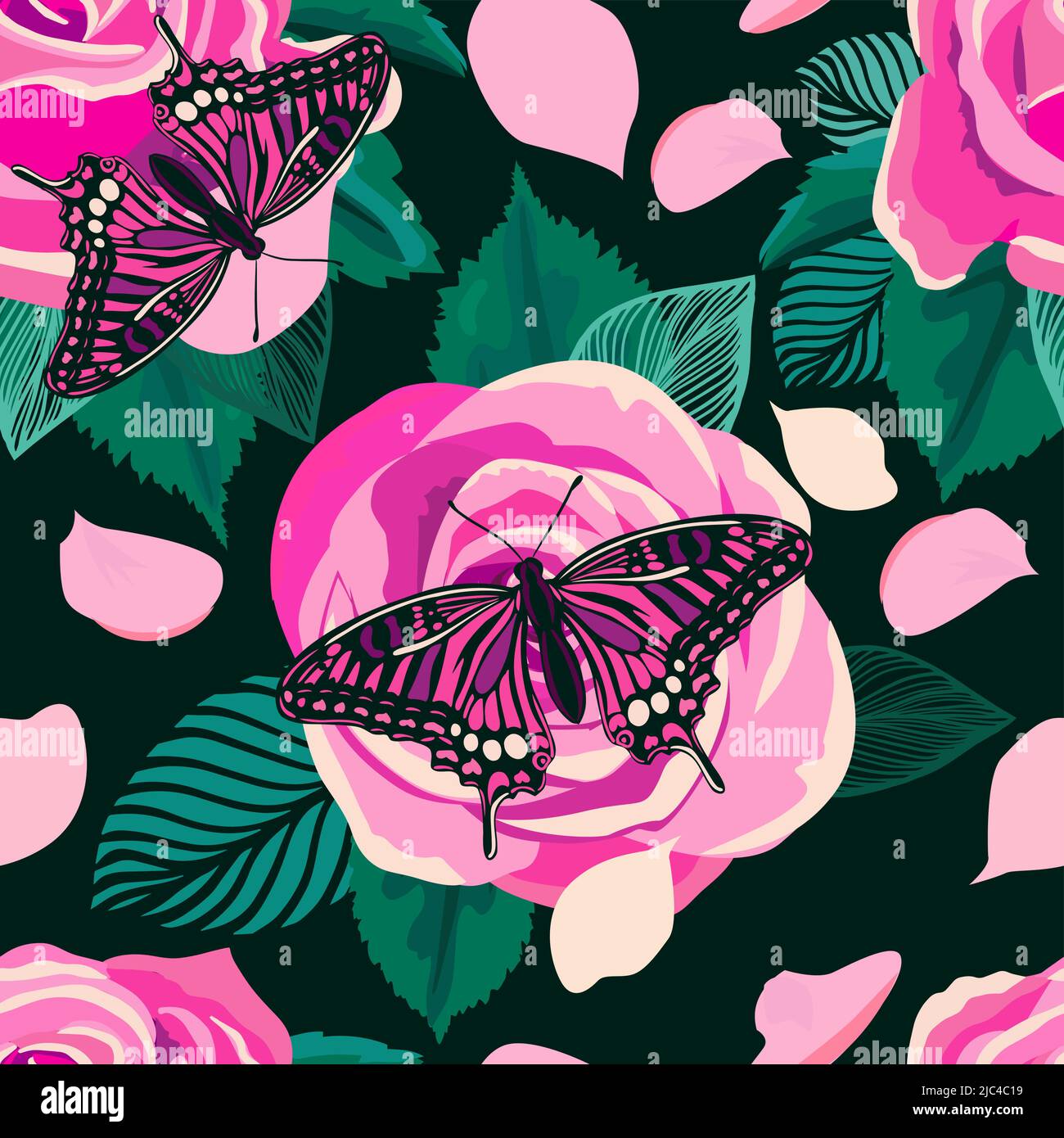 Seamless background with roses and butterflies. Vector illustration Stock Vector