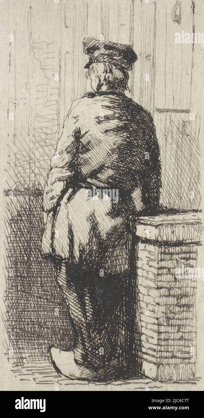 Near a fence and a low wall, a young man stands facing backwards. He wears clogs and a cap., Young man on clogs, print maker: Jan Weissenbruch, The Hague, (possibly), 1837 - 1880, paper, etching, h 82 mm × w 44 mm Stock Photo