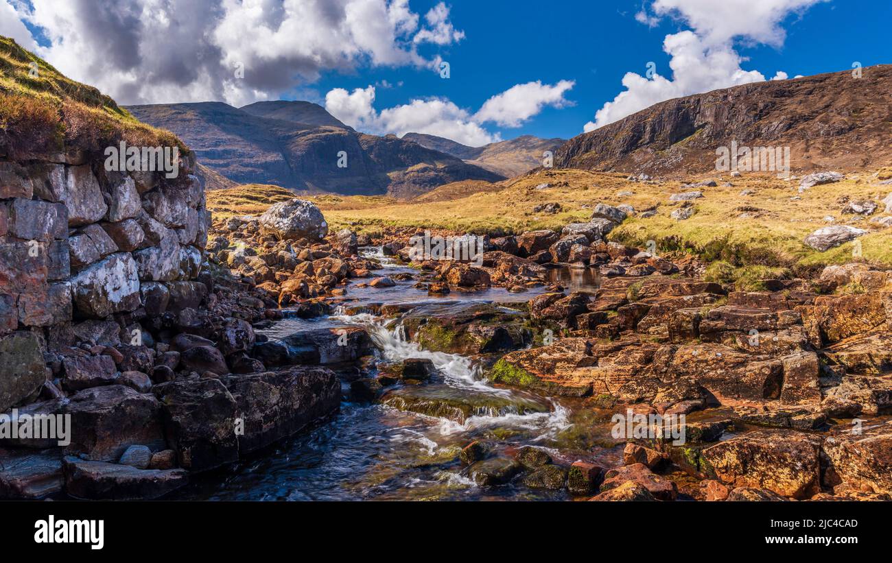 River Bhiogadail in the foreground and some of the North Harris hills in the background on the Isle of Harris, Outer Hebrides, Scotland, UK Stock Photo