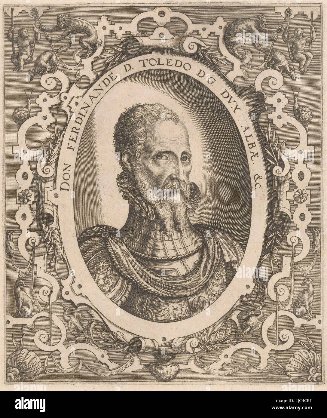 A portrait of Fernando Ãlvarez de Toledo, in armor with the chain of the Order of the Golden Fleece, framed in an oval surrounded by Mannerist decorative motifs with animals and satyrs, Portrait of Fernando Ãlvarez de Toledo, Duke of Alva Don Ferdinande D. Toledo D.G. Dux Albæ. &c.  Portraits of sovereigns and other illustrious figures (series title) Imagines Quorundam Principum et Illustrium Virorum (series title), print maker: Niccolò Nelli, Venice, 1569, paper, engraving, etching, h 205 mm - w 172 mm Stock Photo