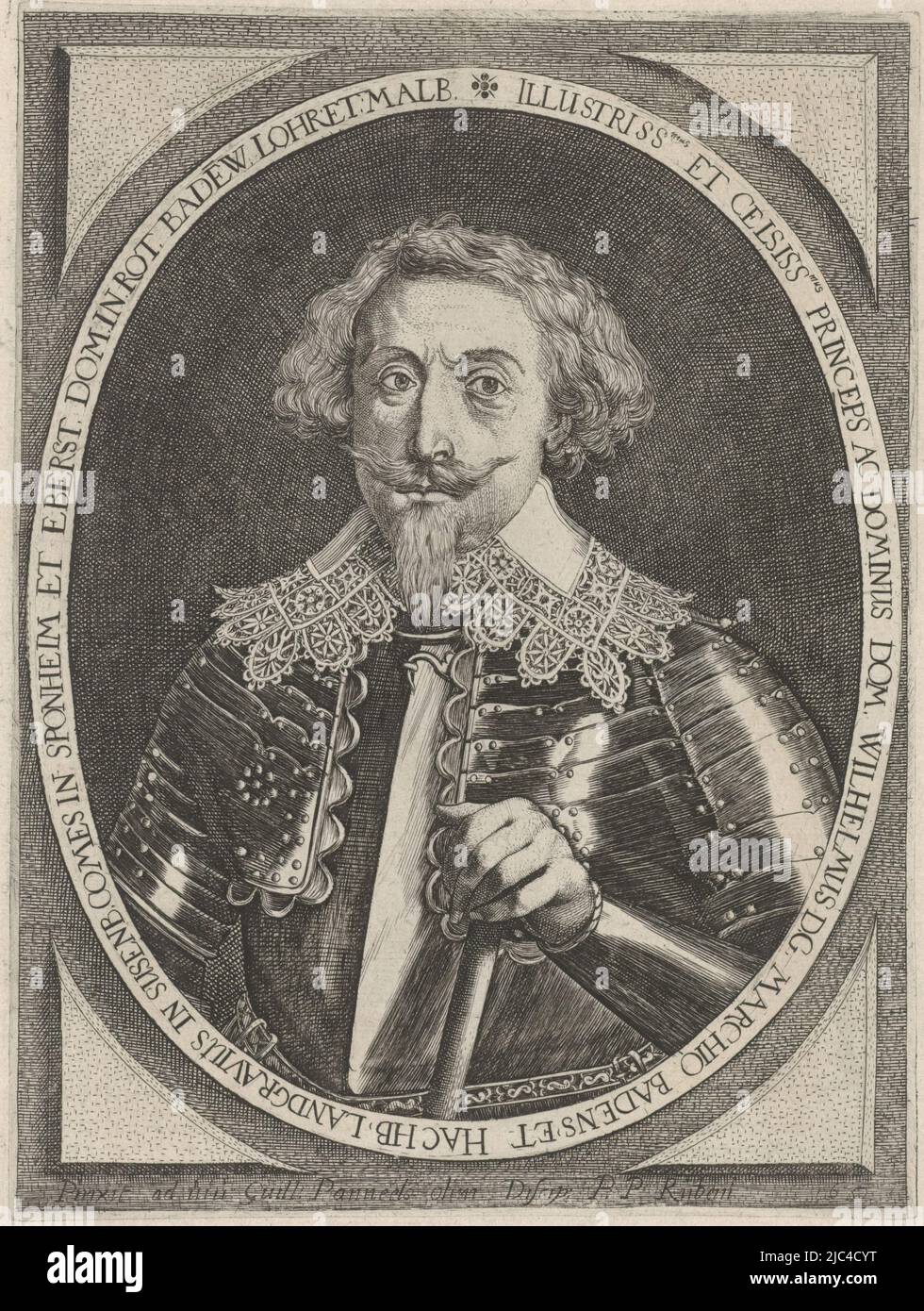 Bust portrait of William, Margrave of Baden, in armor. With his left hand he rests on a command staff. The portrait is framed in an oval frame with square border work and edge lettering in Latin., Portrait of William, Margrave of Baden, print maker: Willem Panneels, after: Willem Panneels, (mentioned on object), Straatsburg, 1632, paper, engraving, etching, h 183 mm × w 138 mm Stock Photo