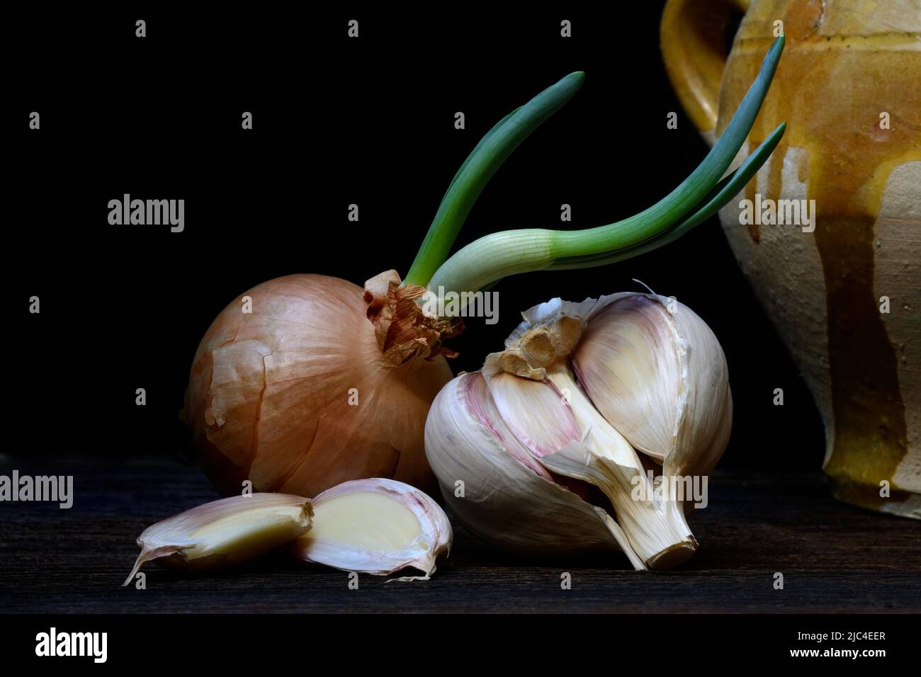Sprouting common onion (Allium cepa) and garlic (Allium sativum) bulb