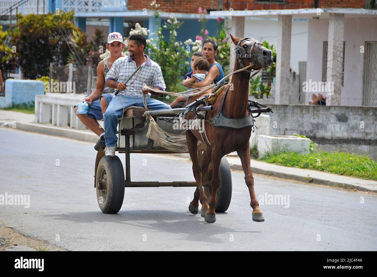 Cuban people on a horse-drawn carriage, popular transportation, Havana, Cuba, Caribbean Stock Photo