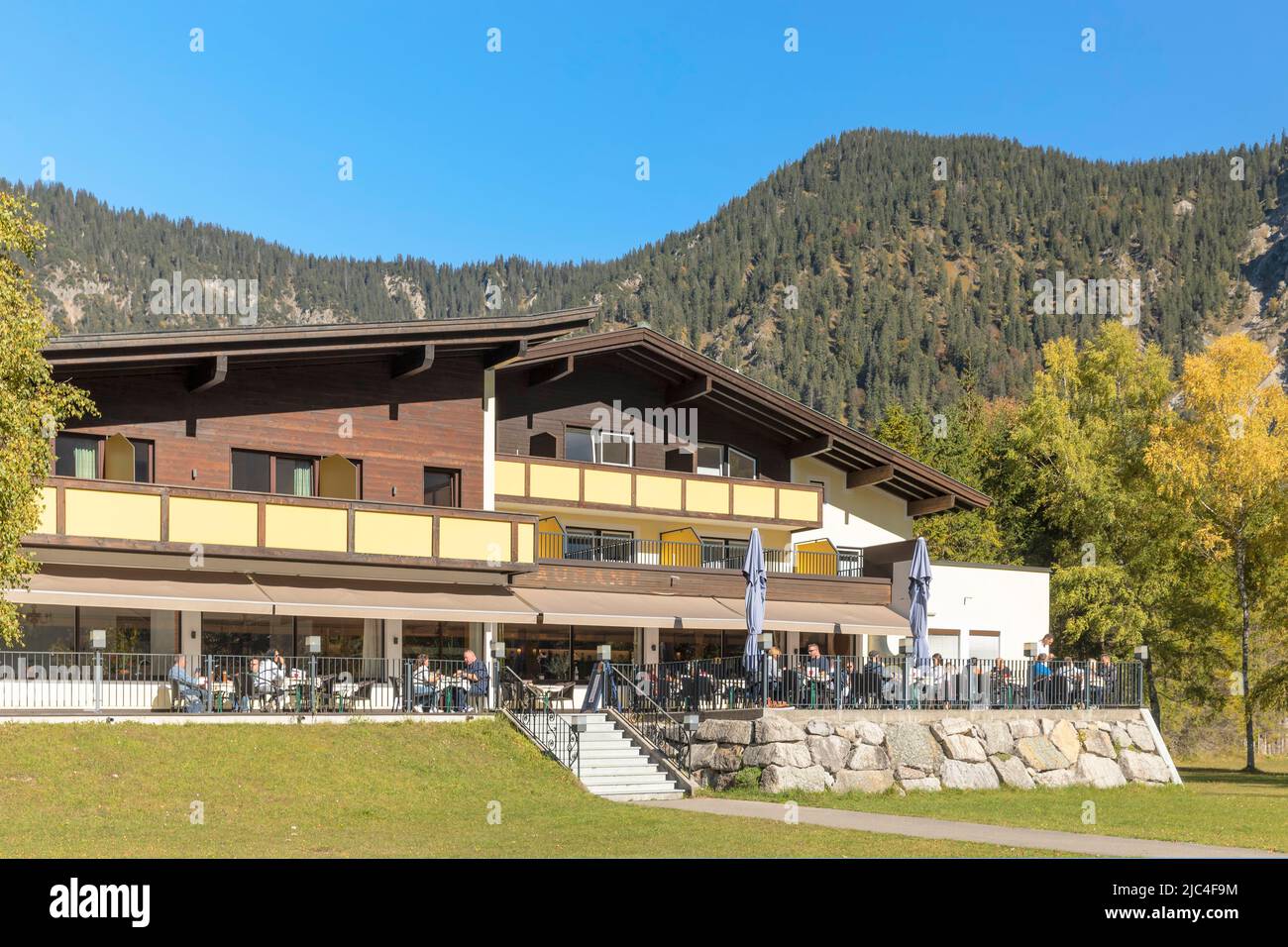 Hotel, Restaurant Forelle amPlansee near Reutte, Ammergau Alps, Tyrol Austria, Plansee, Tyrol, Austria Stock Photo
