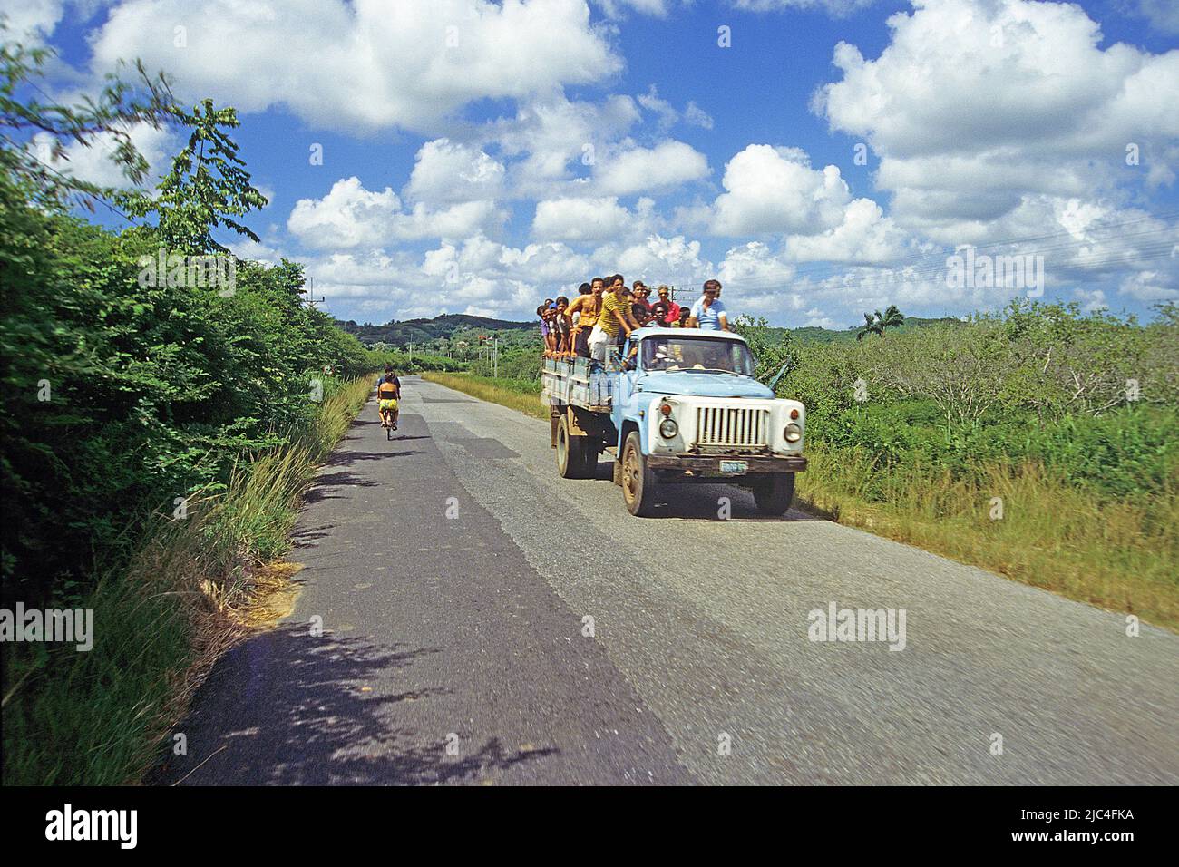 Cuban peoples on a truck, popular transportation, Isla de Juventud, Cuba, Caribbean Stock Photo