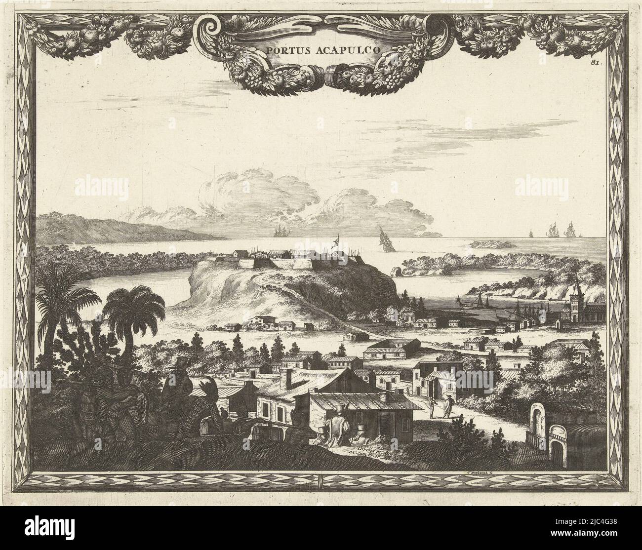 View of harbor and fort near Acapulco with locals. In rectangular frame, above cartouche with garlands, View of harbor and fort at Acapulco, print maker: Thomas Doesburgh, (mentioned on object), publisher: Covens & Mortier, (mentioned on object), Staten van Holland en West-Friesland, (mentioned on object), print maker: Netherlands, publisher: Amsterdam, 1685 - 1714, paper, etching, h 225 mm × w 283 mm Stock Photo