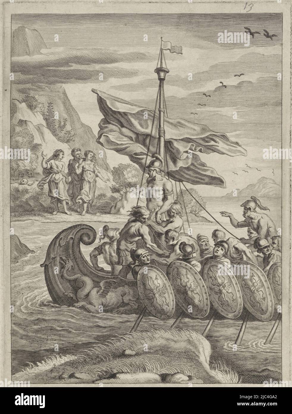 Odysseus is tied by his men to the mast of the ship to withstand the singing of the sirens. The remaining men are rowing. On the shore stand three sirens. Behind them lie the bones of previous victims., Odysseus and the sirens, print maker: anonymous, Abraham van Diepenbeeck, print maker: Low Countries, Southern Netherlands, 1622 - 1725, paper, engraving, h 289 mm × w 198 mm Stock Photo