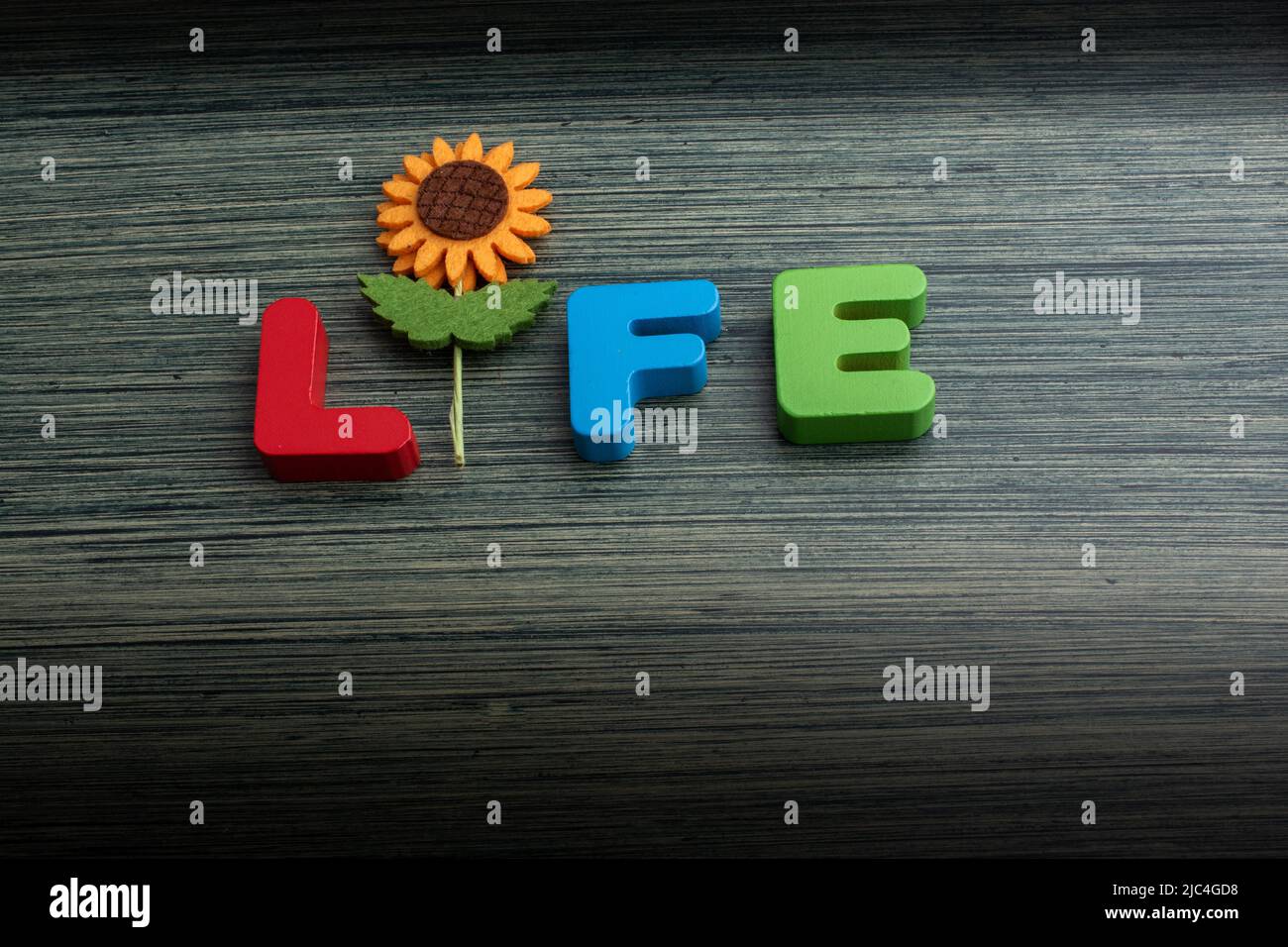 Life wording with the help of a fake flower in view Stock Photo