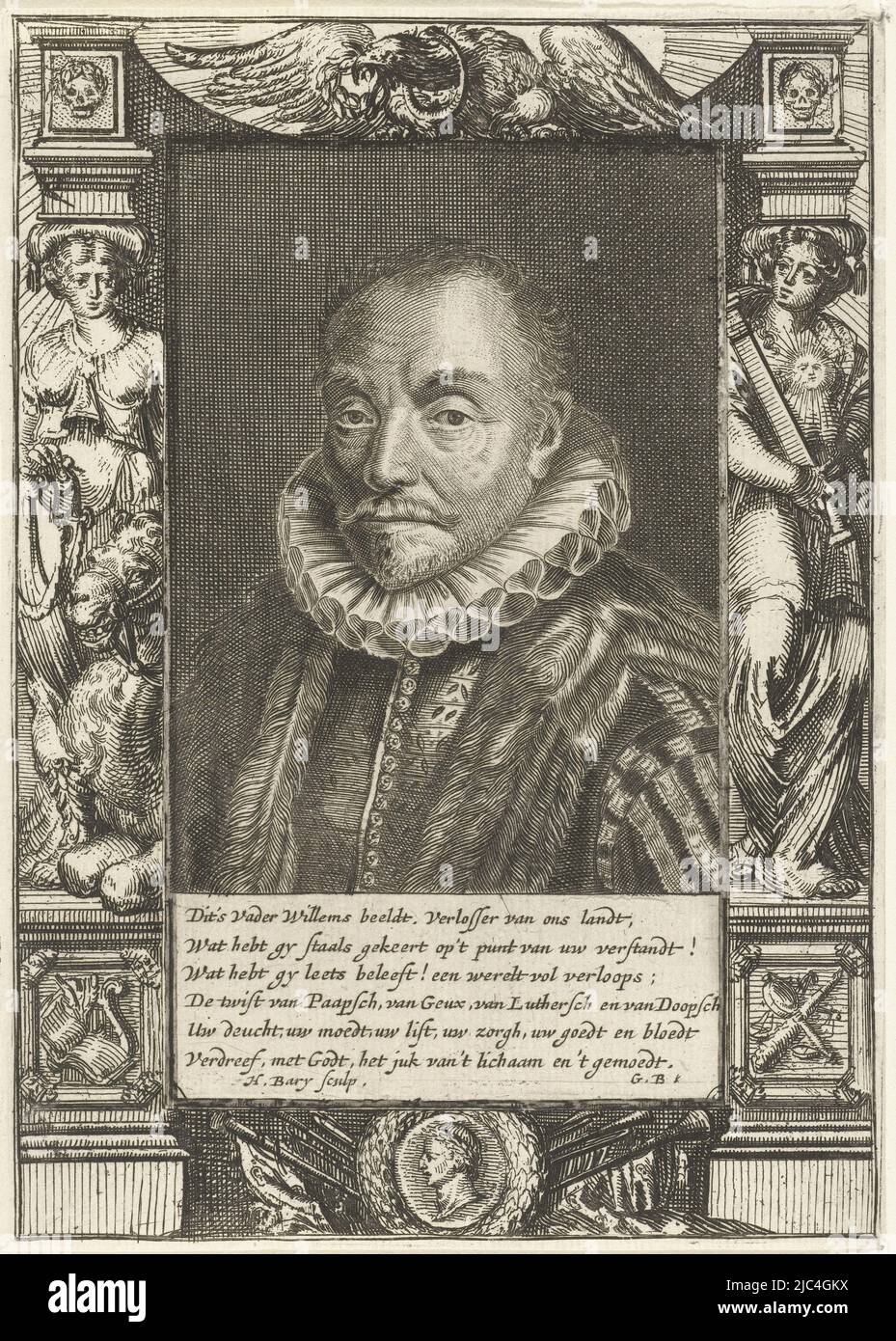 Print printed from two plates. Portrait of William I, prince of Orange. Below the portrait a six-line verse in Dutch by G. Brandt. Framed by allegorical figures and symbols, Portrait of William I, Prince of Orange., print maker: Hendrik Bary, (mentioned on object), print maker: Romeyn de Hooghe, (attributed to), Geeraert Brandt (I), (mentioned on object), Netherlands, 1657 - 1707, paper, etching, engraving, h 172 mm × w 122 mm Stock Photo