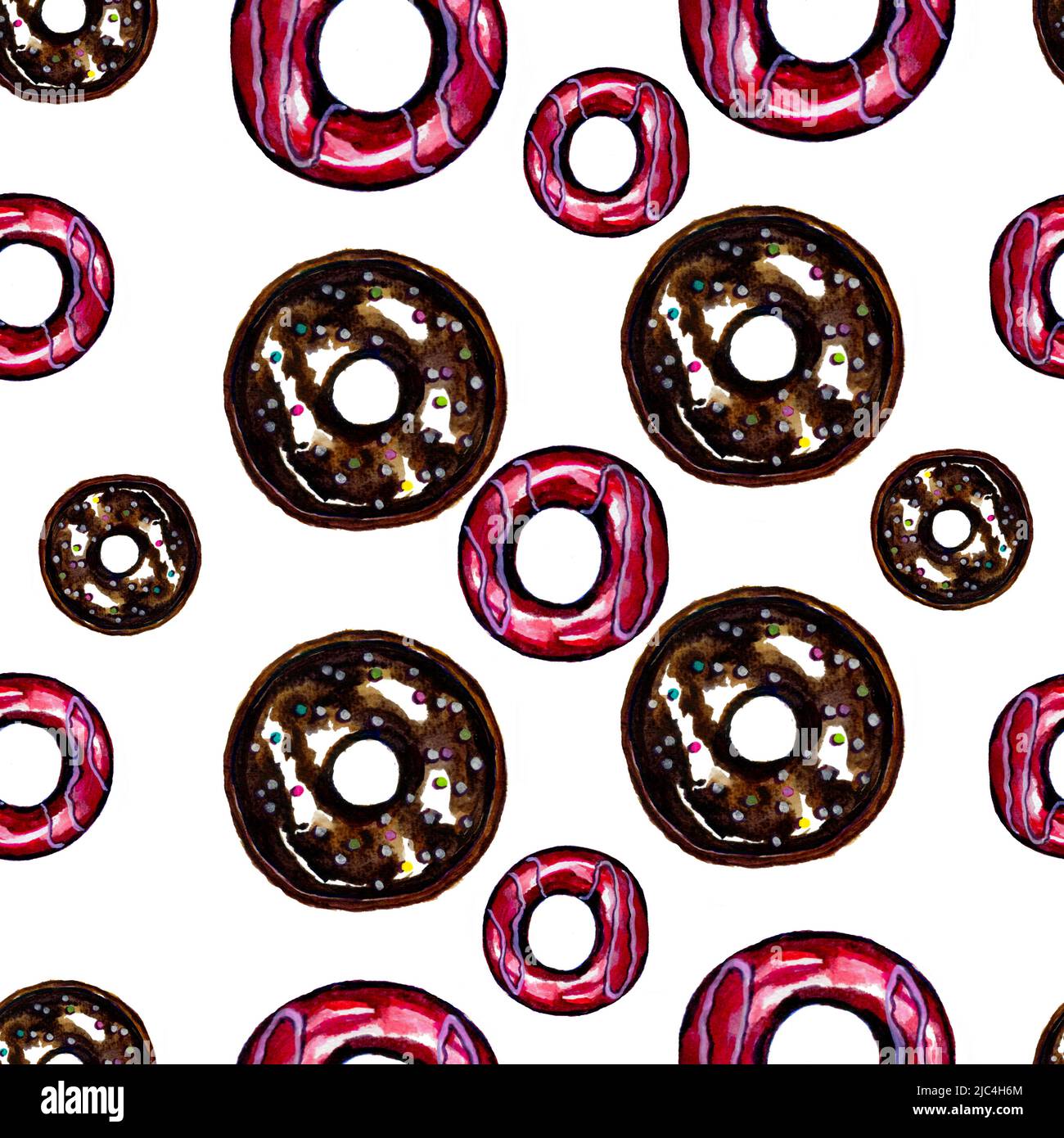 Watercolor seamless pattern of glazed pink and chocolate donuts ...