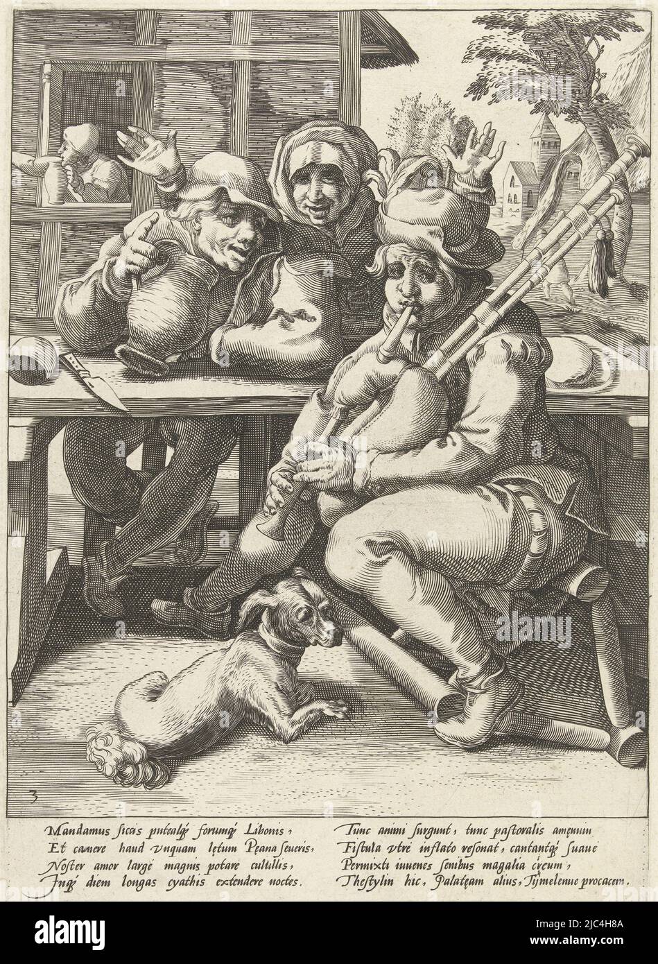 A piper and a drunkard are sitting at a table together. Behind the table is a woman with her hands raised. The bagpiper is sitting on a fallen chair, next to him is a little dog. Below the scene an explanatory Latin verse by Franco Estius and a Dutch verse, The bagpipe gives no sound, than when it is full The drinker and the bagpiper Proverbs after Karel van Mander (series title), print maker: Hendrick Goltzius, (attributed to workshop of), Karel van Mander (I), Franco Estius, Haarlem, 1590 - 1594, paper, engraving, letterpress printing, h 245 mm × w 173 mm Stock Photo