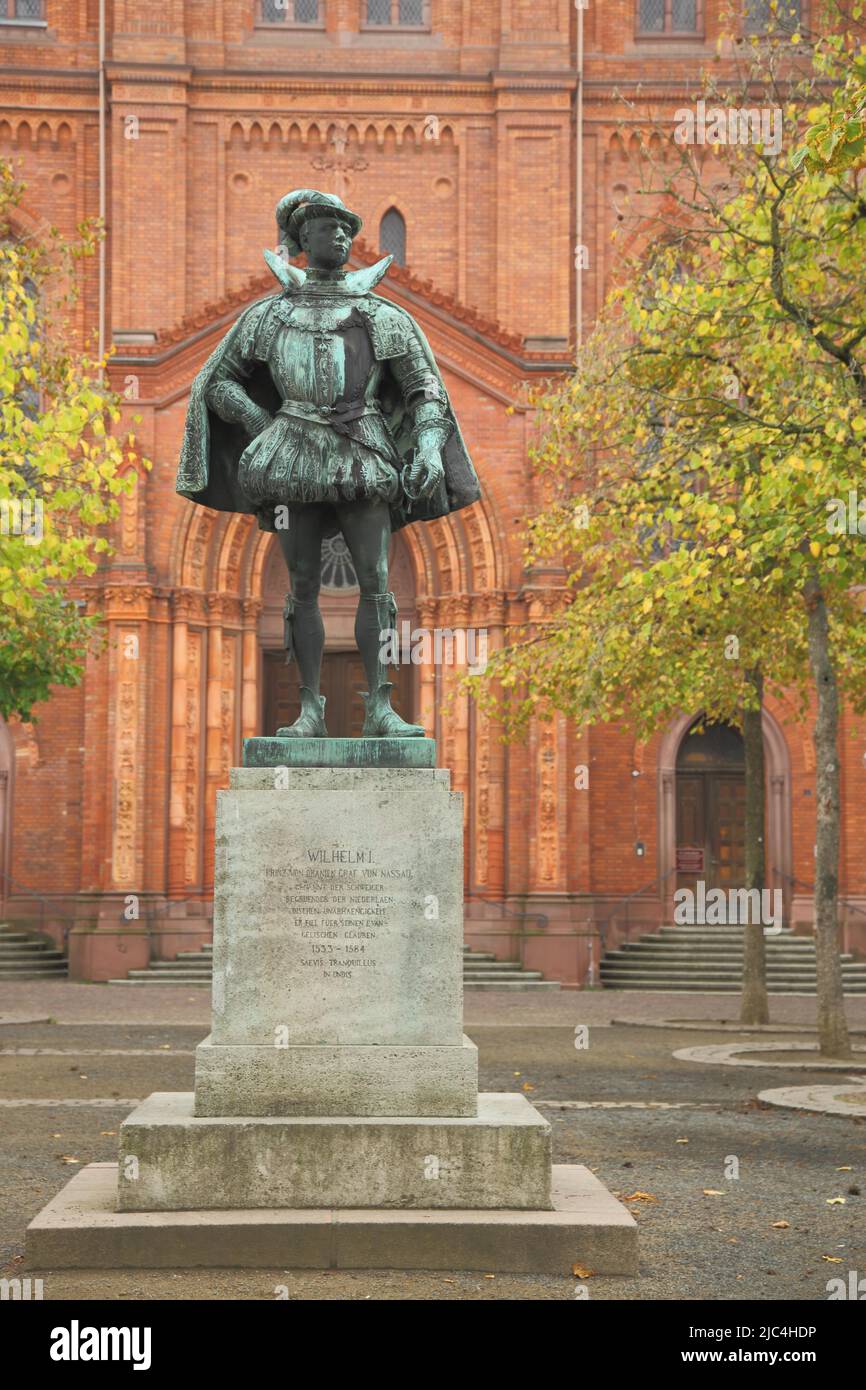 Monument to William I the Silent 1533-1584 Prince of Orange and Count of Nassau in front of the Market Church in Wiesbaden, Hesse, Germany Stock Photo