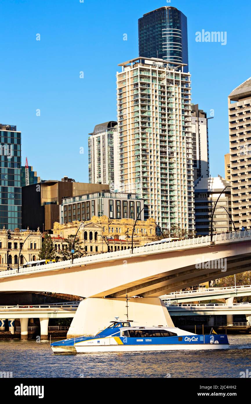 Brisbane Australia /  The Casino Tower Suites, Victoria Bridge and the Brisbane Skyline. Stock Photo