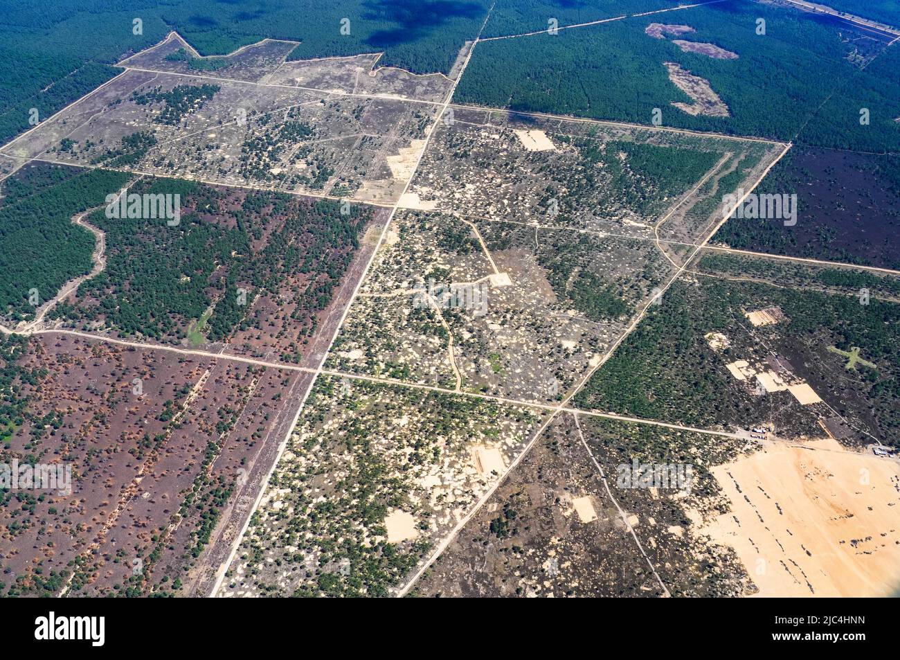 Aerial view of the scarred landscape of the Wittstock military training area, Bombodrom, munitions, salvage, search, scar, Soviet forces Stock Photo
