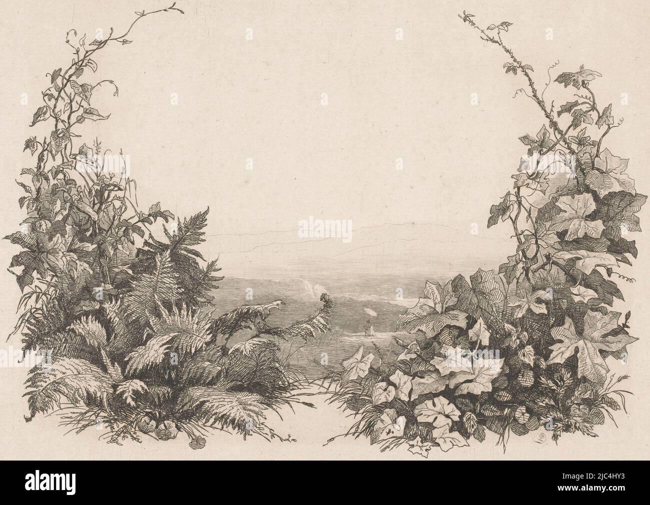 Cover image for folder containing five etching proofs. In a landscape, an  artist sits under the protection of a parasol working towards nature. With  a floral border of fern and ivy., Artist