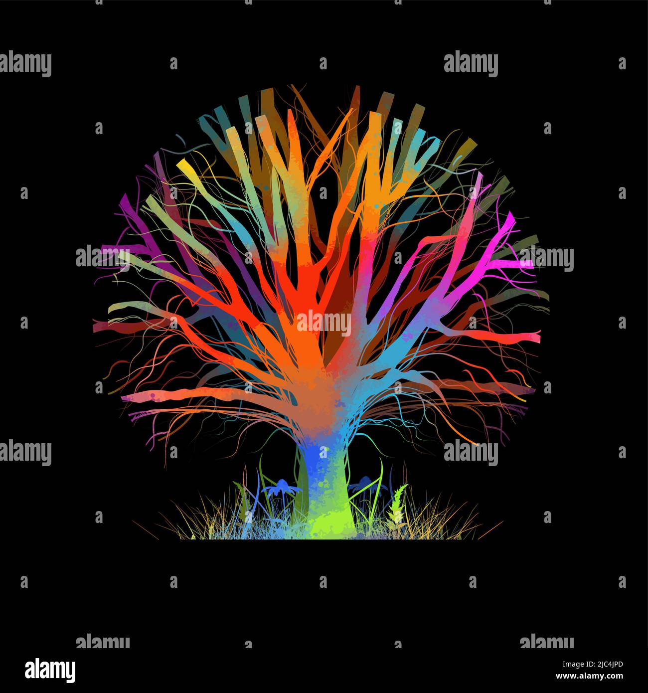 Tree colorful silhouette logo. magic rainbow tree on a black background . Vector illustration Stock Vector