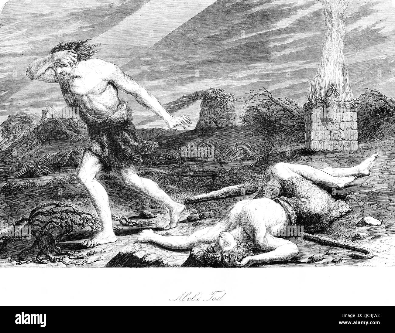 Abel's death, Bible, Cain and Abel, brother, murder, sacrifice, outdoors, lying, running away, fire, ray of light, landscape, Old Testament, First Stock Photo