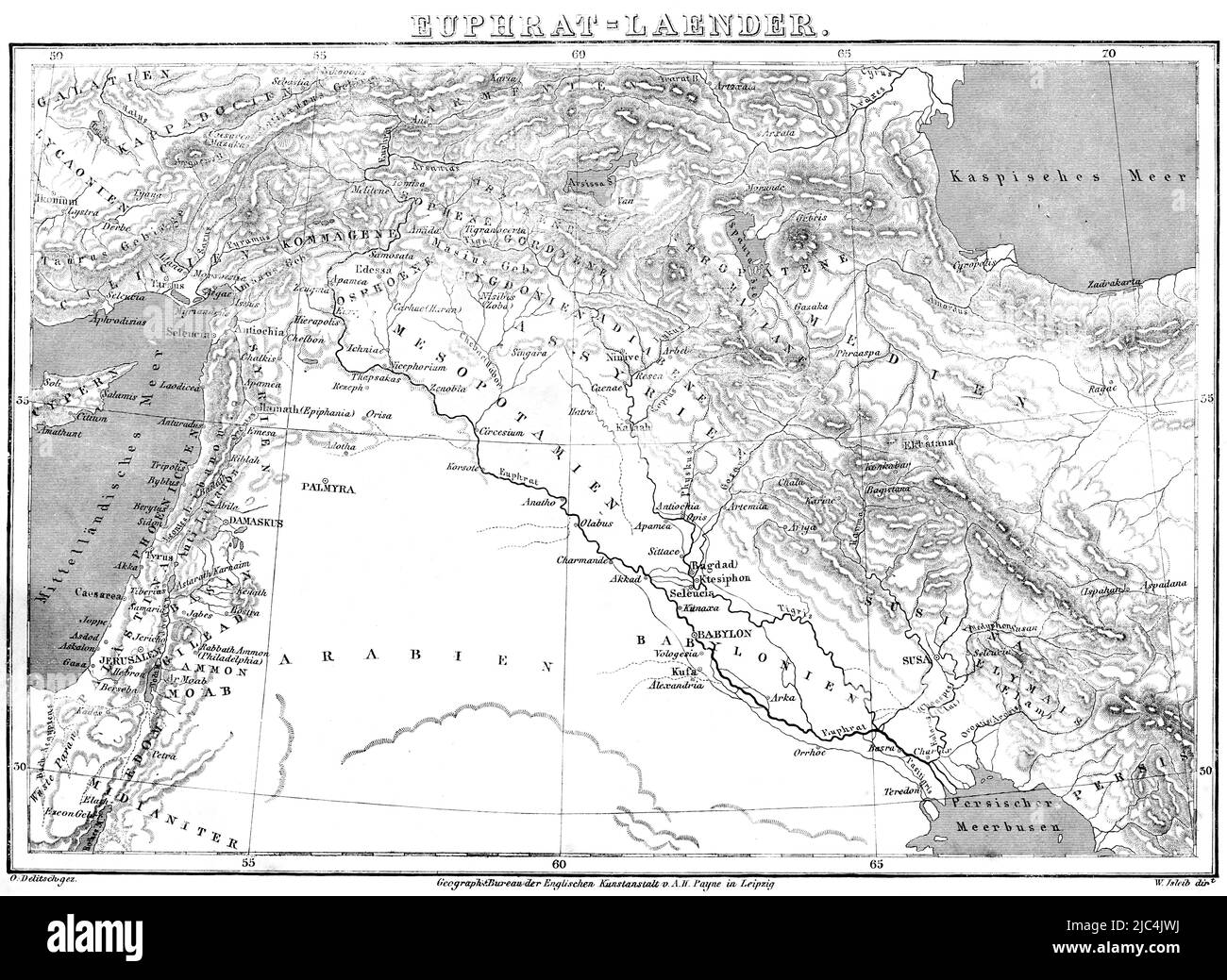 Euphrates countries, map, cartography, Near East, Mediterranean Sea, Caspian Sea, Mesopotamia, Tigris, Palmyra, Arabia, Babylonia, Damascus Stock Photo
