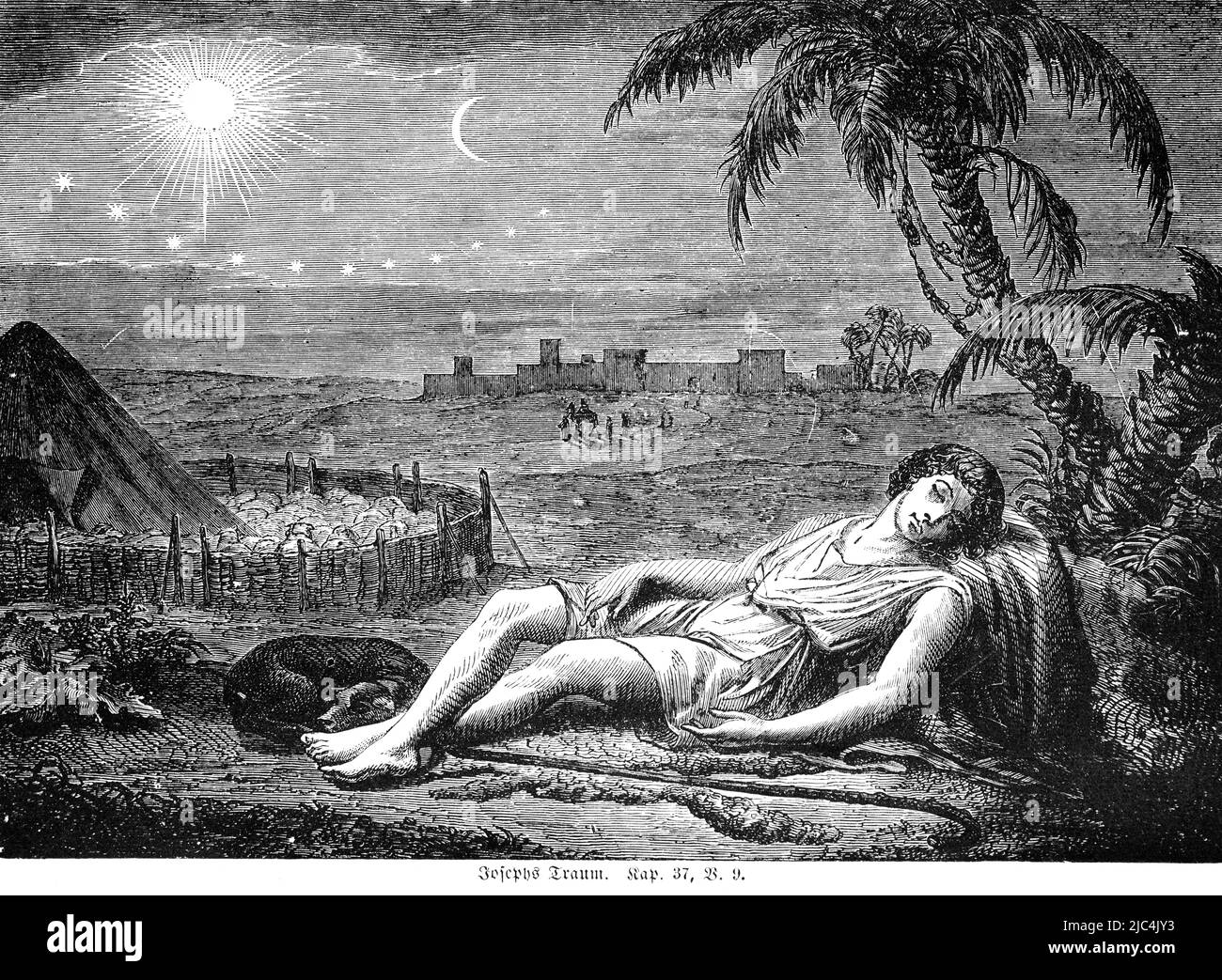 Joseph's dream, Joseph, dreaming, lying, outdoors, landscape, fortress, hill, pen, animals, night, stars, crescent moon, sun, light, shine, brothers Stock Photo