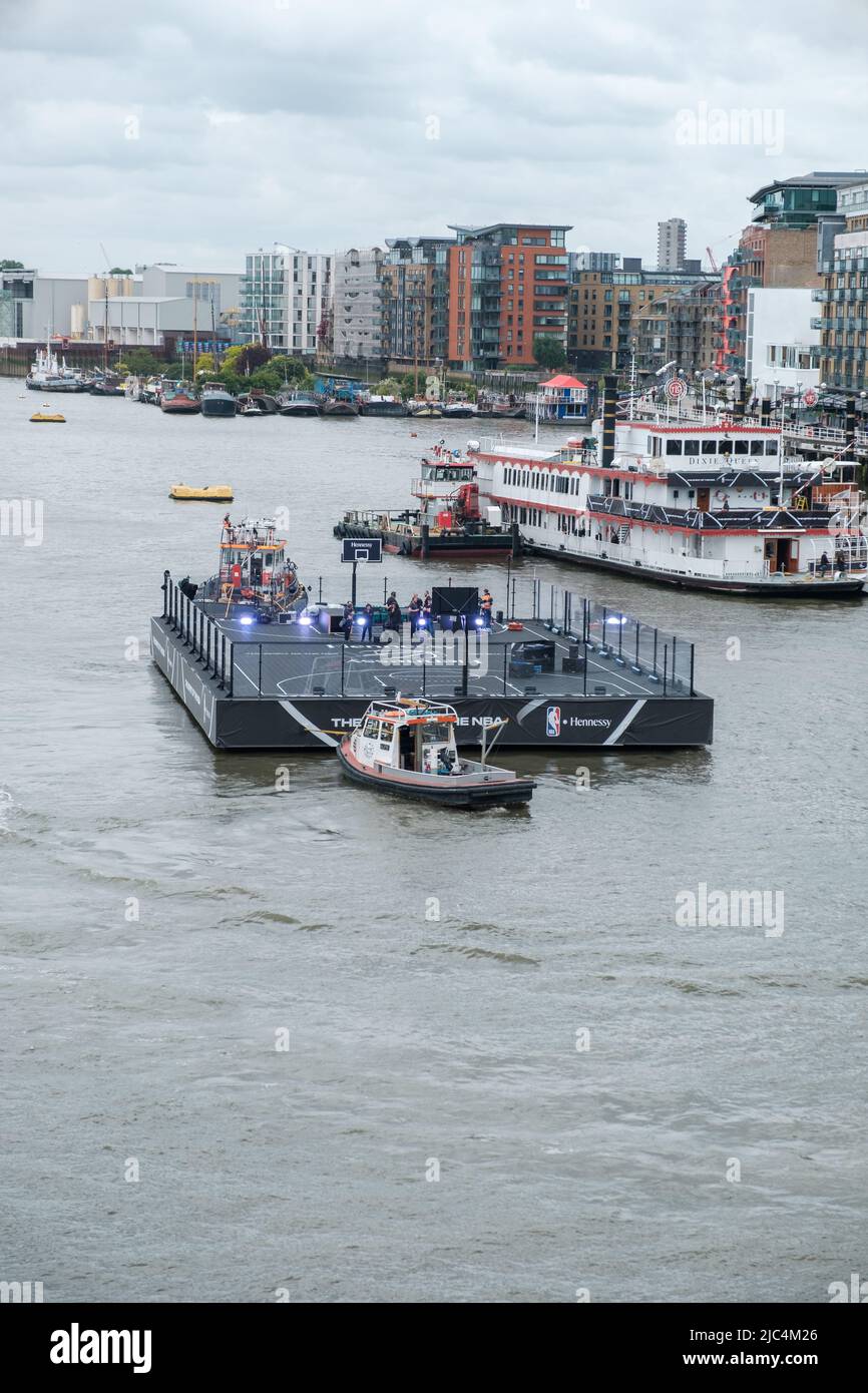 NBA & Hennessy latest Collaboration bring a Floating baskball court through the river thames Stock Photo