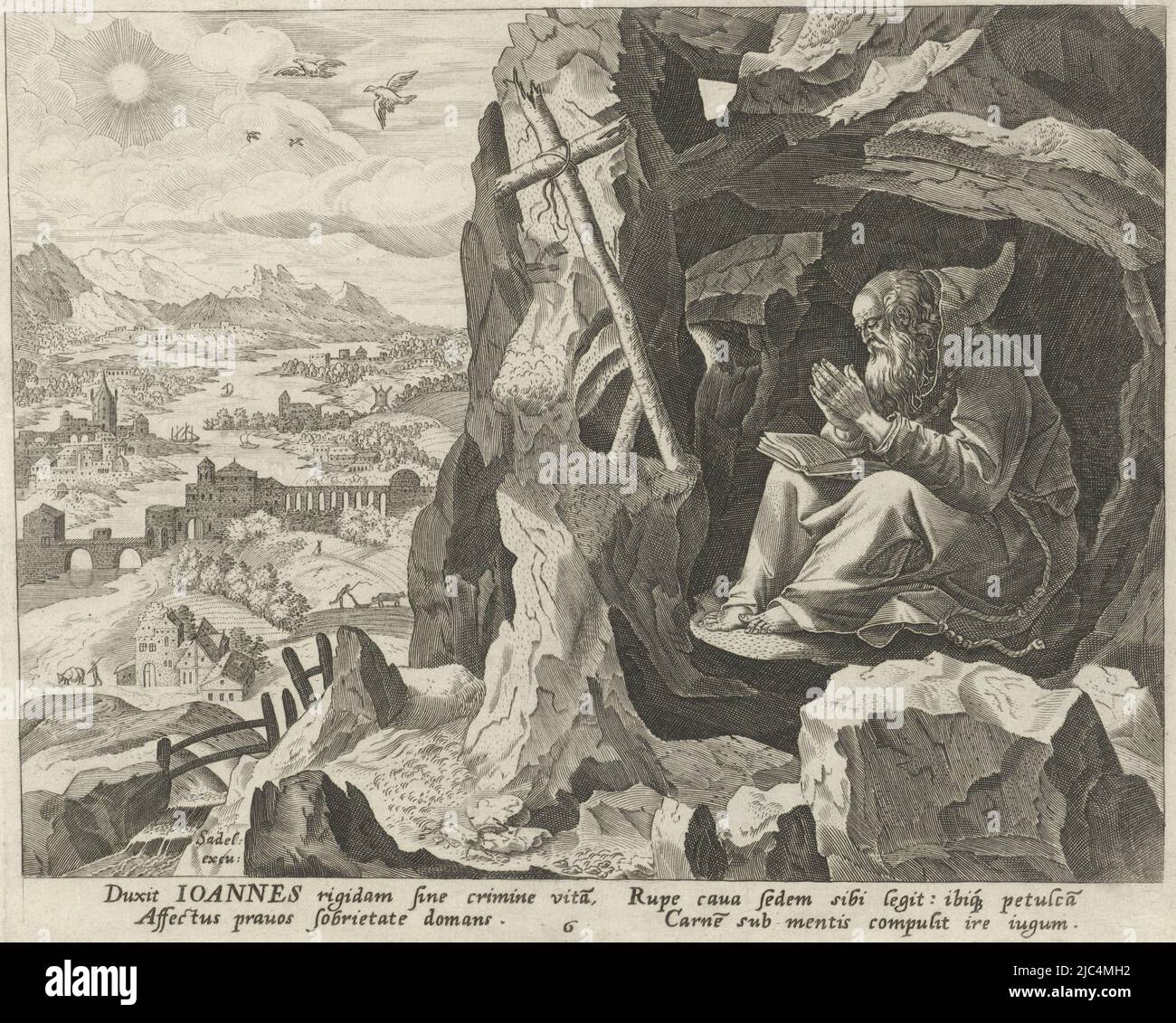 Saint John Cassian in a cave in the desert. He sits before a crucifix and reads a Bible while praying. A landscape in the background, John Cassian as Hermit Male Hermits (series title) Solitudo Sive Vitae Patrum Eremicolarum (series title), print maker: Johann Sadeler (I), print maker: Raphaël Sadeler (I), intermediary draughtsman: Maerten de Vos, Antwerp, (possibly), 1583 - 1588, paper, engraving, h 175 mm × w 216 mm Stock Photo