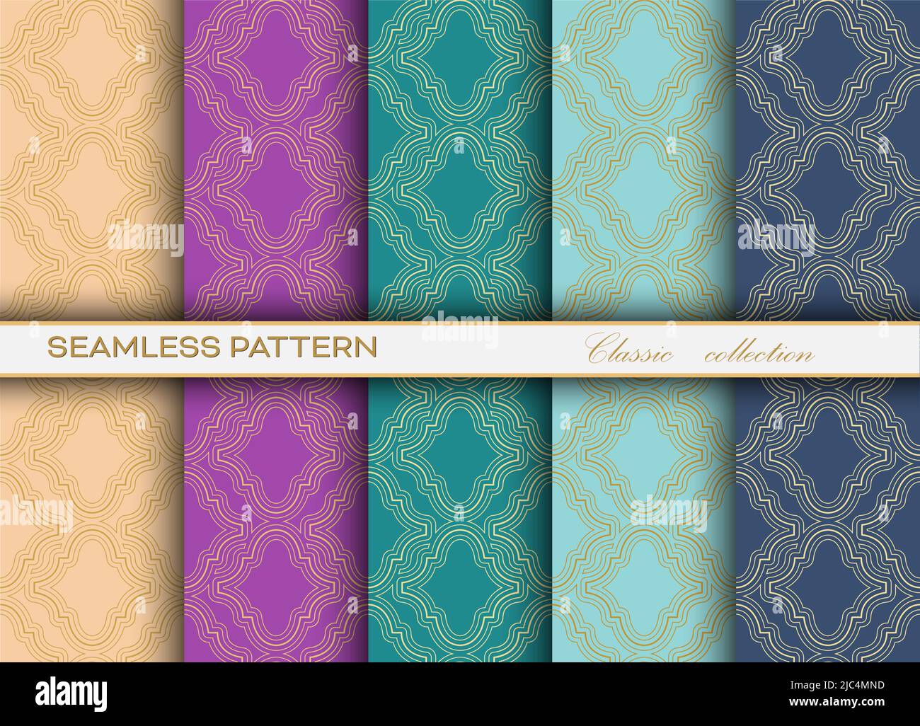 set of classic seamless decorative patterns with a golden openwork grid ...