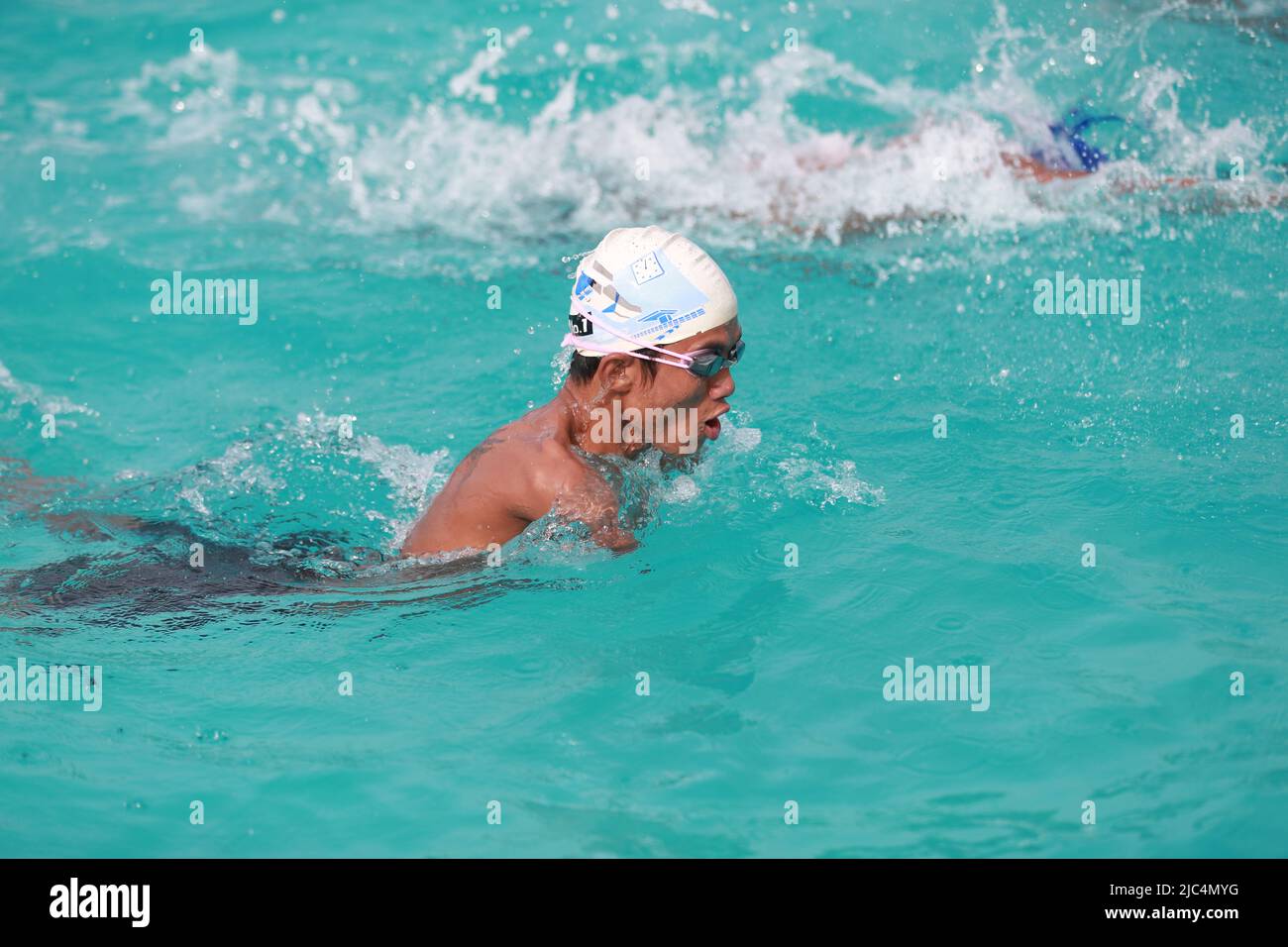 Yangon, Myanmar. 9th June, 2022. A Myanmar's swimmer trains for the upcoming 2022 ASEAN Para Games in Yangon, Myanmar, June 9, 2022. Myanmar will send a contingent of over 90 athletes with disabilities to compete at the upcoming 2022 ASEAN Para Games, Myo Myint, Vice President of the Myanmar Paralympic Sports Federation (MPSF), told Xinhua on Thursday. Credit: U Aung/Xinhua/Alamy Live News Stock Photo