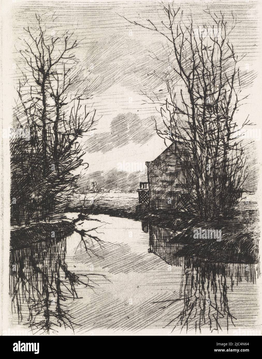 House and trees by the water, print maker: Elias Stark, Netherlands, 1859 - 1890, paper, etching, h 141 mm × w 105 mm Stock Photo