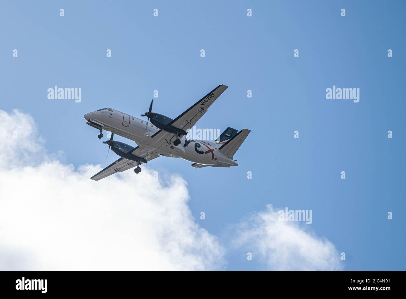 10 June 2022. A Regional Express Airlines (REX) Saab 340B commuter aircraft VH-RXN on approach to Adelaide International Airport, Adelaide, Australia Stock Photo