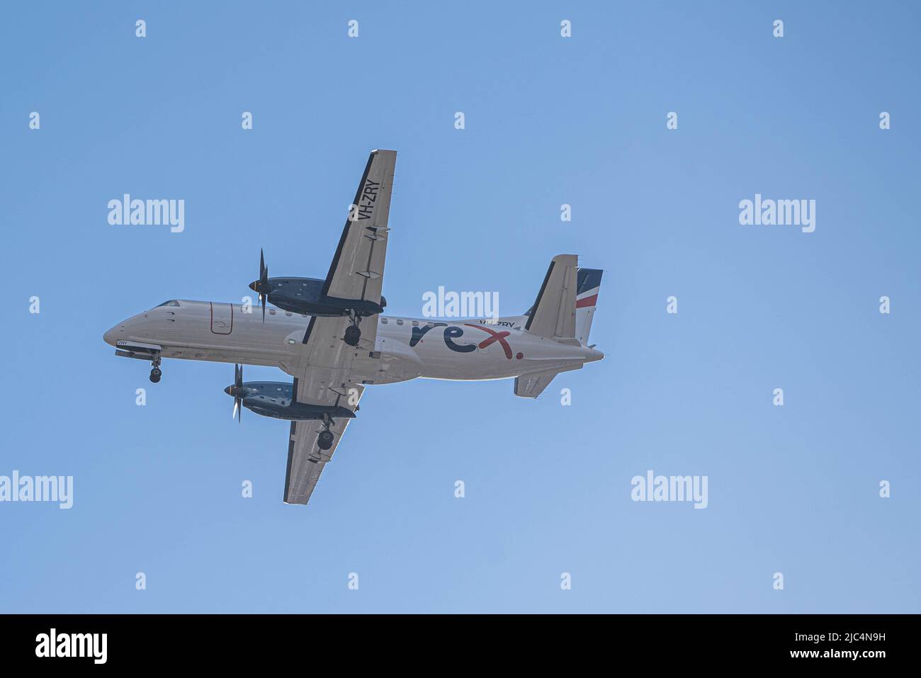 10 June 2022. A Regional Express Airlines (REX) Saab 340B commuter aircraft VH-RXN on approach to Adelaide International Airport, Adelaide, Australia Stock Photo