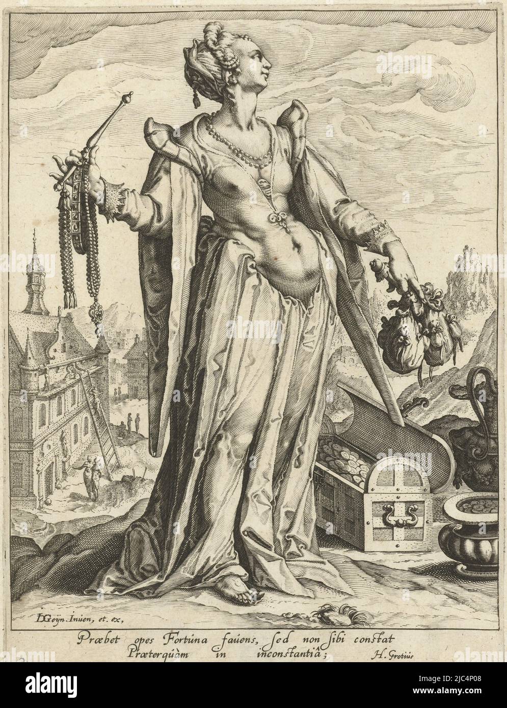 Wealth as a standing woman holding a cane purse in her left hand, a scepter and jewelry in her right. Next to her are a money box and a jar filled with ducats. In the background hilly landscape with the construction of a fine country house on the left. No. 2 from series of Virtues and Vices that determine the fortunes of life., Wealth The fortunes of life (series title), print maker: Zacharias Dolendo, Jacob de Gheyn (II), (mentioned on object), publisher: Jacob de Gheyn (II), (mentioned on object), Leiden, c. 1596 - c. 1597, paper, engraving, h 230 mm × w 167 mm Stock Photo