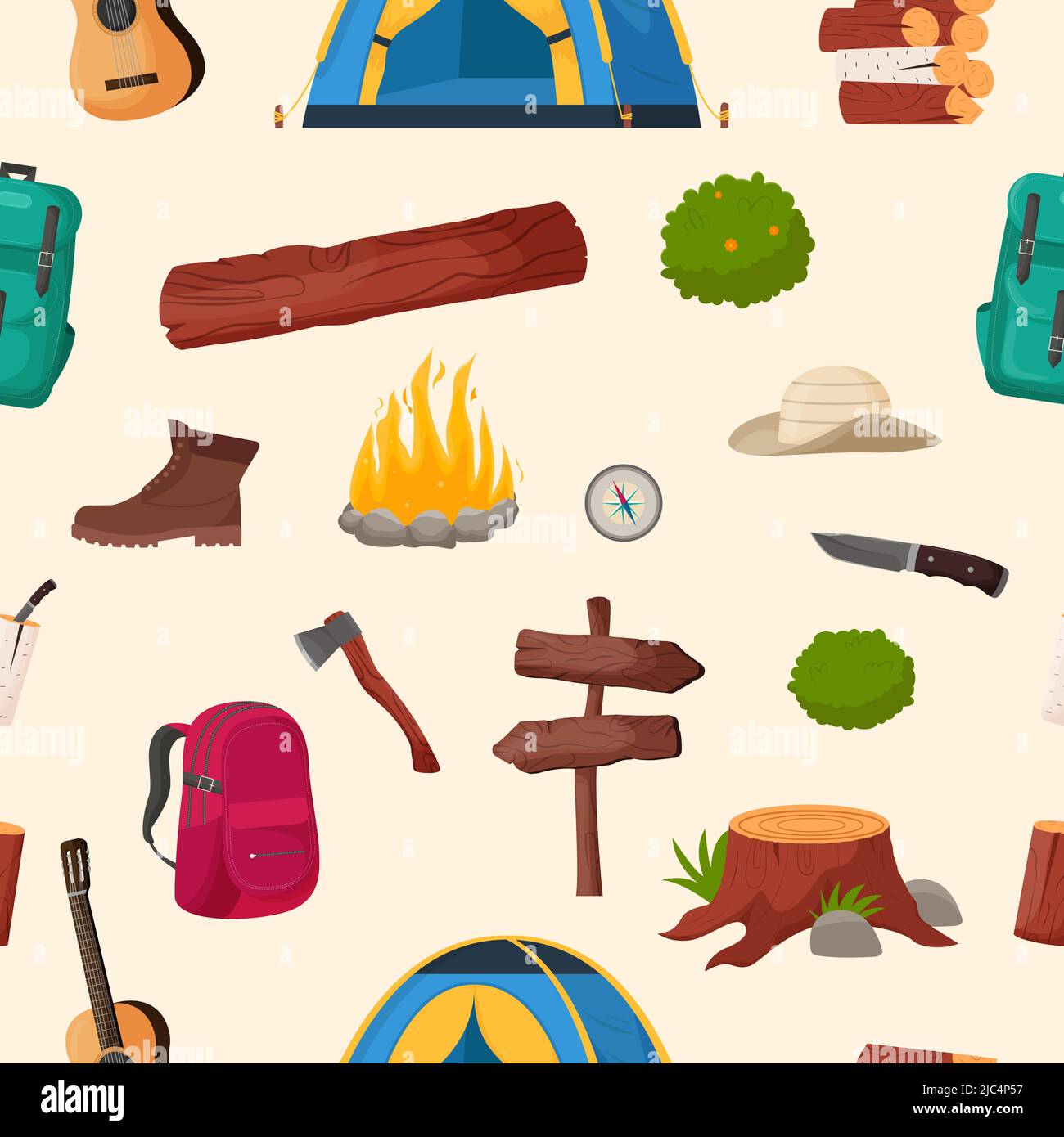 Camping and hiking seamless pattern. Summer camp travel tools ...