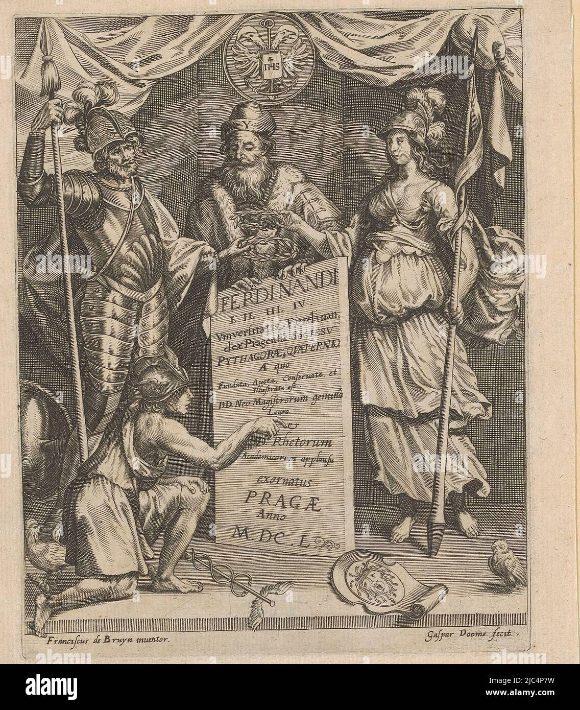 The title plate is held up by a man with the letter Y on his hat. Mars and Minerva Hold a laurel wreath above title, while the kneeling Mercury points to it., Allegory of good government Ferdinandi I. II. III. IV. (series title), print maker: Johann Caspar Dooms, (mentioned on object), Franciscus de Bruyn, (mentioned on object), Praag, 1650, paper, engraving, h 156 mm - w 124 mm Stock Photo