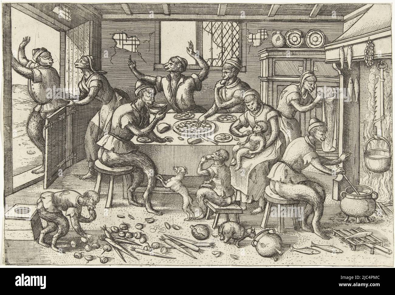 A 16th century kitchen scene. In a dilapidated house, several skinny monkeys sit around a table. They are grabbing from a bowl of mussels. One is drinking a bowl of soup. Scattered on the floor are carrots, turnips and cabbage, vegetables for the poor. Over the fireplace, fish are being smoked, also poor people's food. A fat monkey has visited, but is now trying to get away again. The poor monkeys want to stop him, Skinny kitchen Monkey game (series title), print maker: Pieter van der Borcht (I), Pieter Bruegel (I), Pieter van der Heyden, Antwerp, (possibly), 1563 - 1608, paper, etching, w 276 Stock Photo