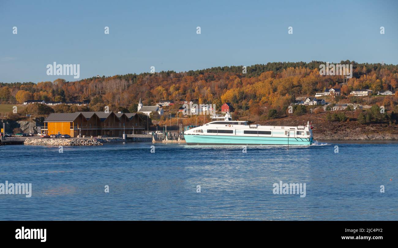 Norwegian coastal landscape with fast ferry boat mooring at Hitra, Norway Stock Photo
