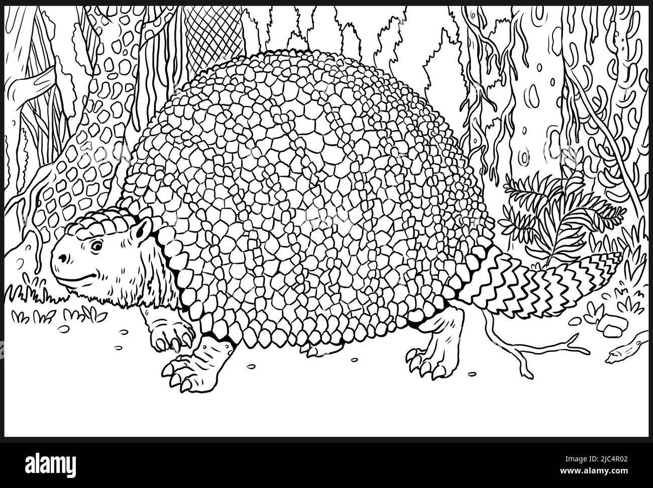 Prehistoric animals - glyptodon. Drawing with extinct mammals. Silhouette drawing for coloring book. Stock Photo
