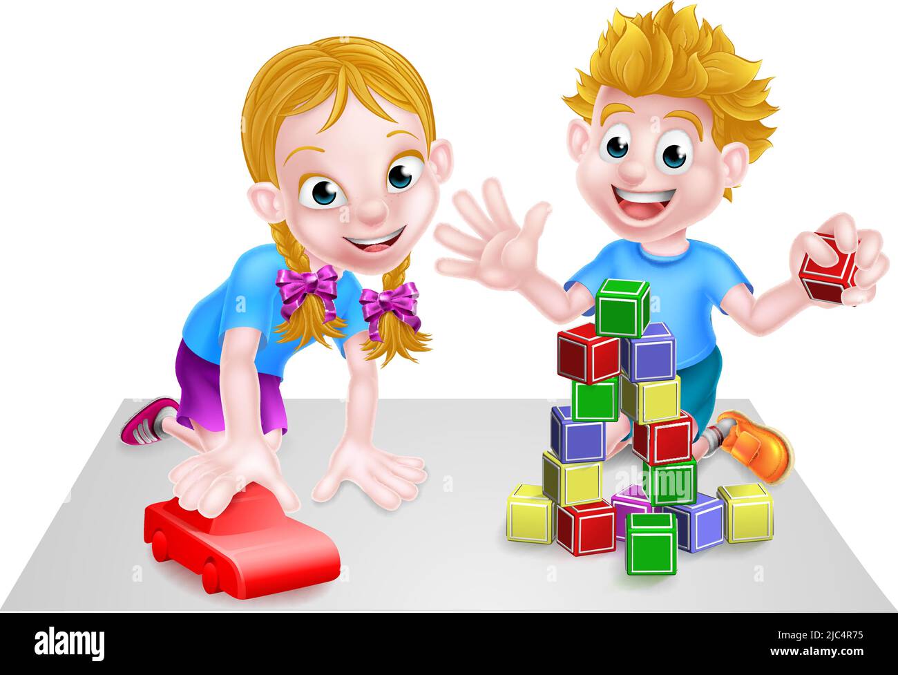 Cartoon Boy and Girl Playing with Blocks and Car Stock Vector Image